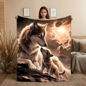 1pc Wolf & Cub Wolf Pack Flannel Throw Blanket - Realistic Wolf & Pup Print, Soft Cozy All-Season Black Bedspread for Couch, Bed, Camping - Lightweight Warmth with & Wolves Design, Ideal Gift for Wil