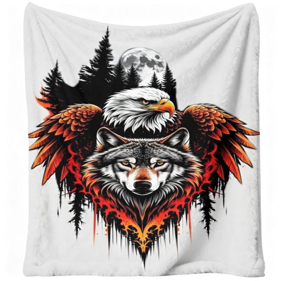 1pc Wolf Eagle Moon, Flannel Blanket, Camping Blanket, Nap Blanket, Outdoor Camping, Soft, Fierce Flame Design, for Home, Travel, Hiking, All-Season