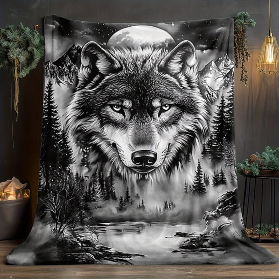 1pc Wolf Howling at Moon & Northern Blanket - Soft Lightweight Flannel All-Season Throw - Gift for Wolf Lovers, Stylish Wolf & Winter Landscape Design in Black, White, Gray Tones