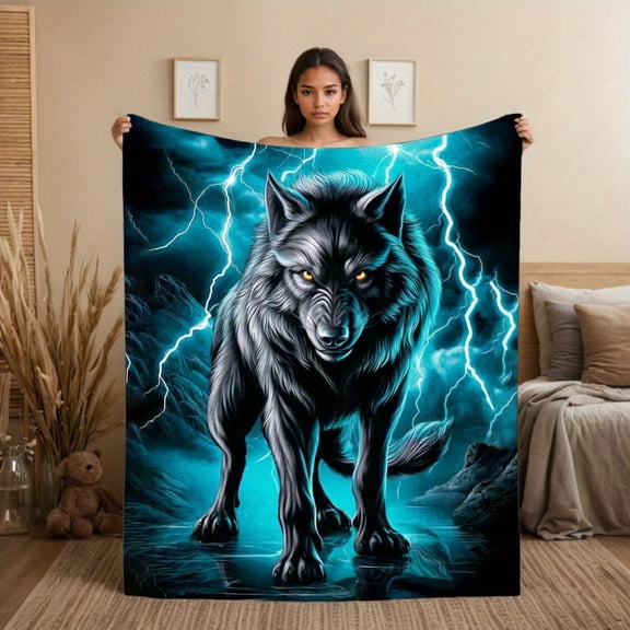 1pc Wolf Lightning Storm Flannel Throw Blanket - Wolf & Lightning Bolt Print, 280GSM All-Season Soft Cozy Bedspread, Black Bedding for Couch, Bed, Camping - Luxury Warmth, Perfect Christmas/Birthday