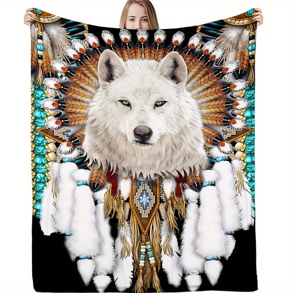 1pc Wolf Print Throw Blanket, Soft & Warm Blanket For Living Room & Bedroom, Home Decor
