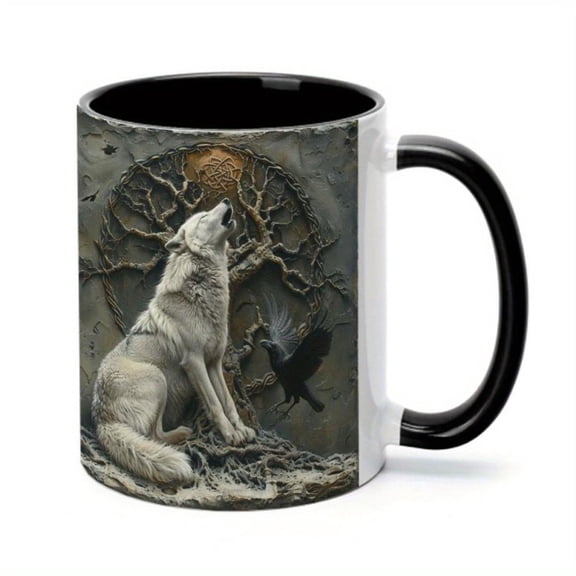 1pc Wolf Raven Mystical Forest Ceramic Mug 11oz Cartoon Art Coffee Cup with Full Moon Tree Branch Design Durable Drinkware Hot Cold Beverages Unique Birthday Holiday Idea