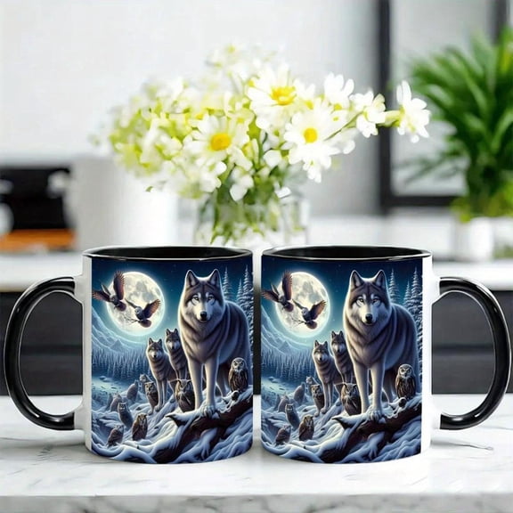 1pc Wolf Themed Ceramic Coffee Mug 11oz Double Sided Printed with Realistic Moonlit Night Design Versatile Hot Cold Beverages Hand Wash Only Nature Lovers Birthdays Halloween Christmas