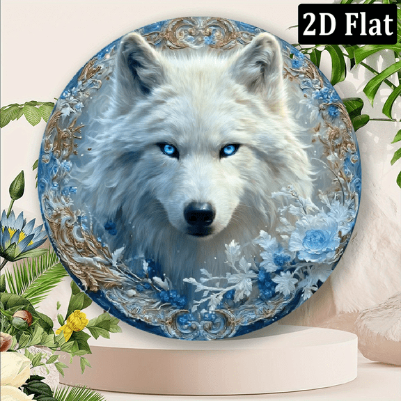 1pc, Wolf-Themed Round Wall Art Sign - High-Definition Decorative with Blue-Eyed White Wolf Floral Design, Vintage Style for Home, Living Room Ideal Father'S Day, 8*8in