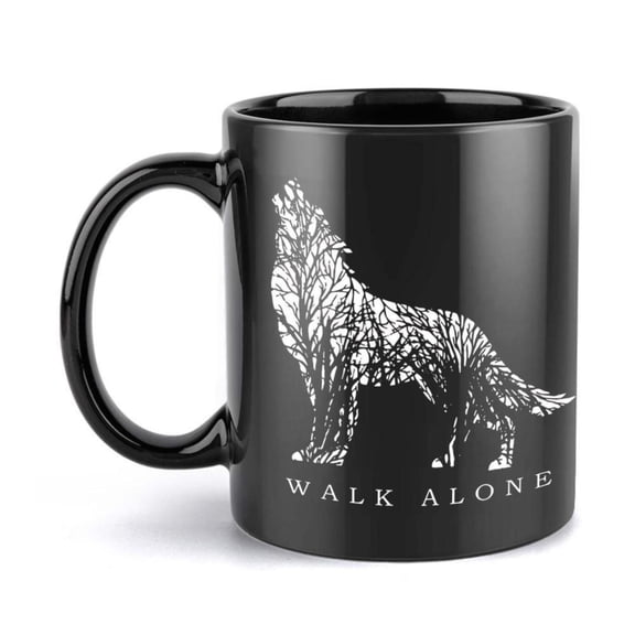 1pc Wolf Trees Design Ceramic Mug 11oz Black Coffee Cup with White WALK ALONE Art Durable Birthdays Christmas Office Home Use Coffee Bar Accessories