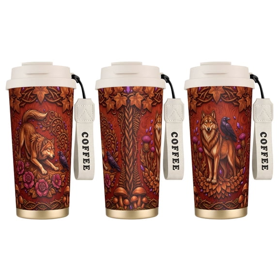 1pc Wolf Tumbler 18oz Viking Wolf & Eagle Art, Leak-proof Stainless Steel Travel Mug