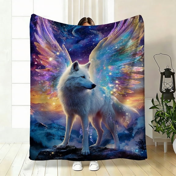 1pc Wolf With Wings HD Printed Blanket, Soft Flannel Throw for Sofa Bed Camping, Majestic Warm Gift for Family Friends