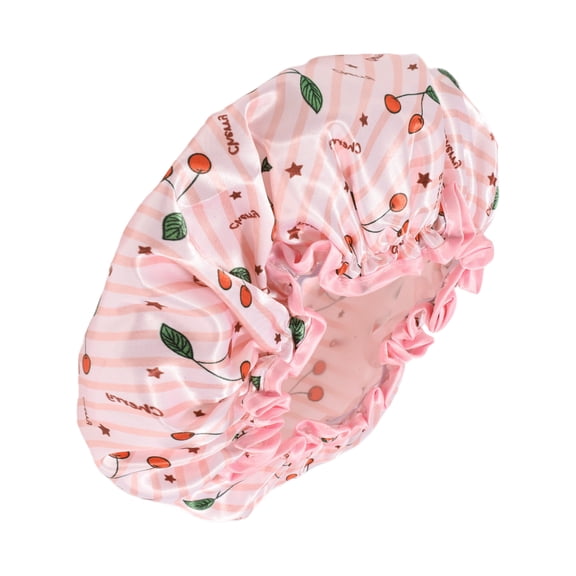 Unique Bargains 1 Pc Women Double Layer Small Cherry Shower Cap for Bathroom Vacation Satin EVA Pink