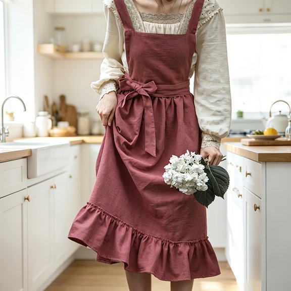 1pc Women' French Country Apron - Vintage French Pastoral Style Solid Color Linen Apron with Ruffled Edges, Breathable Soft Fabric Suitable for Cooking,Cleaning,Perfect Gift for Mom,Wife, Girlfriend