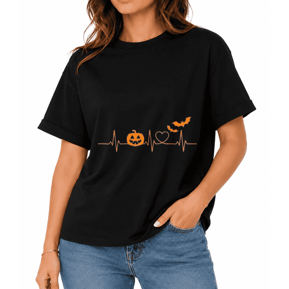 1pc Women Halloween Fall Autumn Pumpkin Bat Heartbeat Graphic Print Black Cotton Blend Loose Casual Crew Neck Tee For Holiday Party Gift