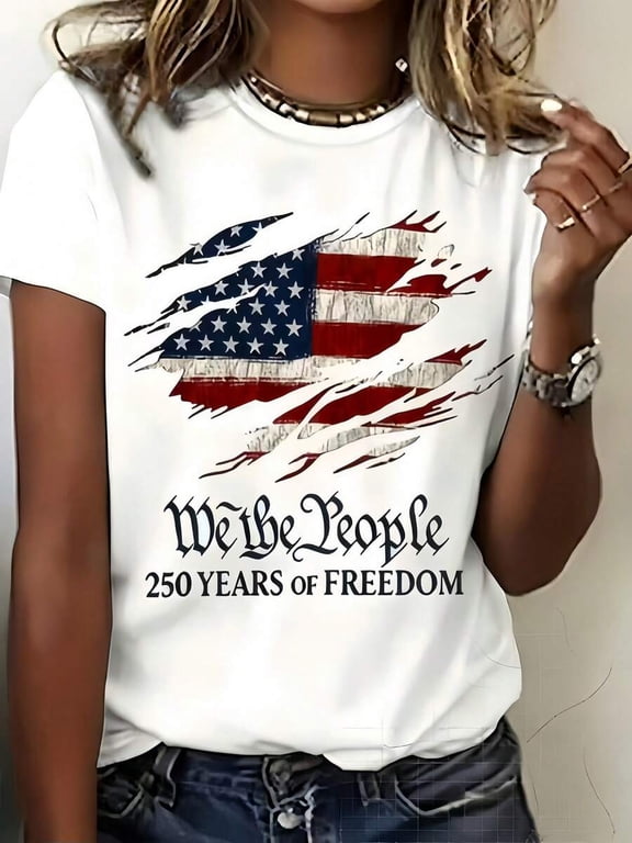 1pc Women' S American Flag We The People Print White TShirt, Crew Neck, Casual Cotton Tee Medium Stretch Knit Fabric, Regular Fit For Female Ladies For Spring/Summer/Fall
