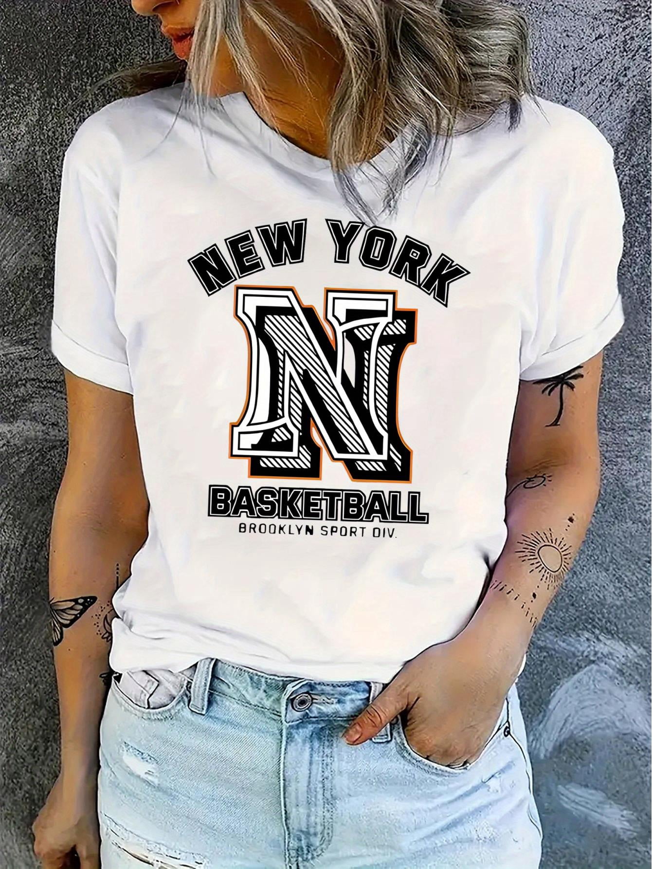 1pc Women'S Casual Crew Neck T-Shirt, New York Basketball Graphic Print ...