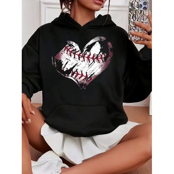 1pc Women'S Casual Polyester Hoodie with Geometric Baseball Heart Print, Slight Stretch Knit Fabric, Hooded Collar, Kangaroo Pocket, Fashionable All-Season Sweatshirt