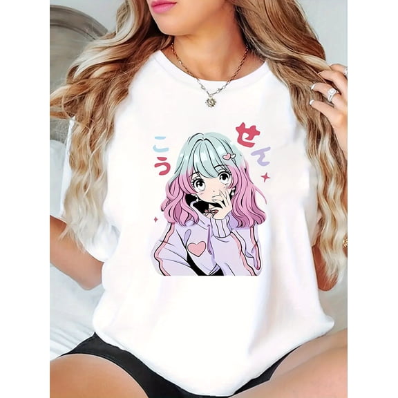 1pc Women'S Casual Round Neck Short Sleeve T-Shirt with Cute Anime Print, Fashion Trendy Knit COTTON Tee, Comfortable Summer Top for All Seasons