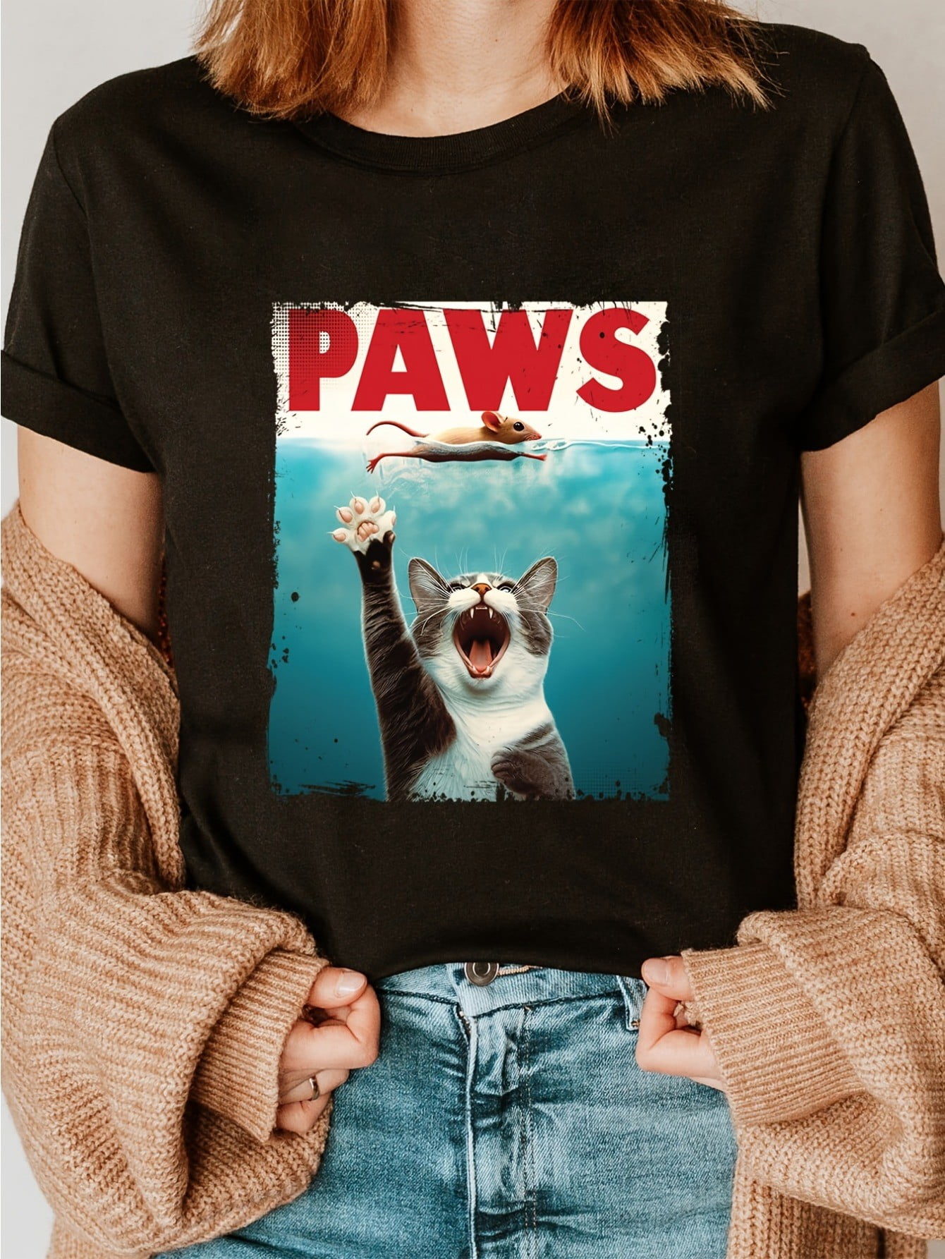 Paws Jaws Cat Fun Pet Lover Kitten Kitty Katze Weiße Hai Retro - Foto 2