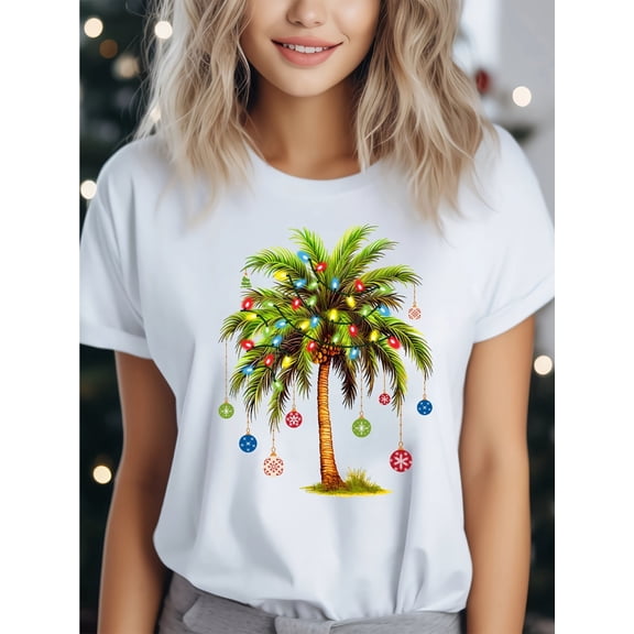 1pc Women'S Christmas Palm Tree T-Shirt, 100% Cotton Crew Neck Short Sleeve Casual Top, Festive Plant Print Knit Fabric, All-Season Comfort