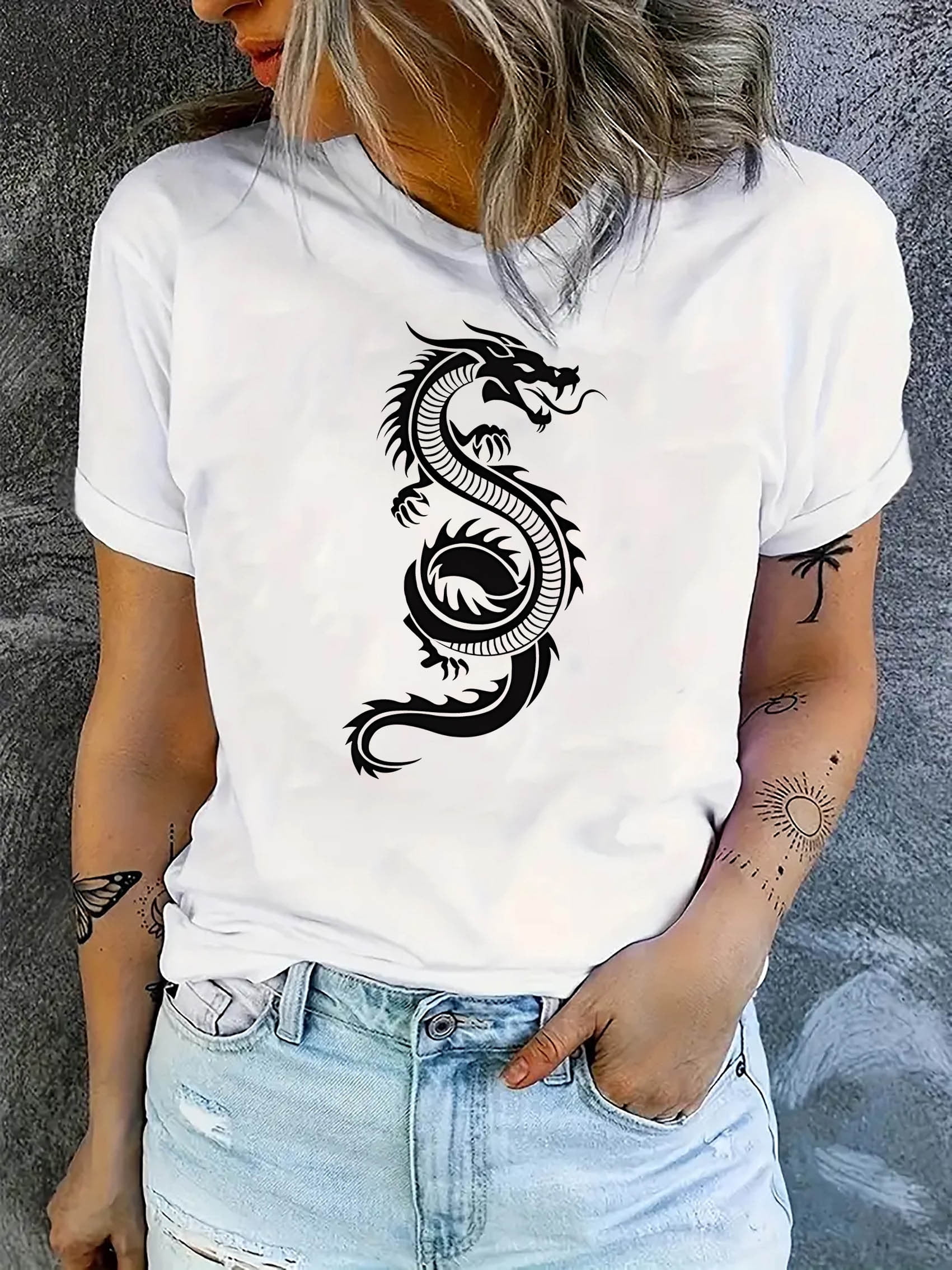 1pc Women'S Fashion Dragon Print T-Shirt, Casual Crew Neck Short Sleeve ...