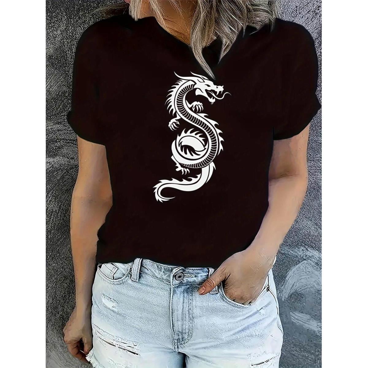 1pc Women'S Fashion Dragon Print T-Shirt, Casual Crew Neck Short Sleeve ...