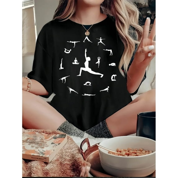 1pc Women's Fashion Yoga Pose Print T-Shirt, Casual Crew Neck Short Sleeve Top, Cotton Knit Fabric with Medium Stretch, All-Season Comfort Fit Tee