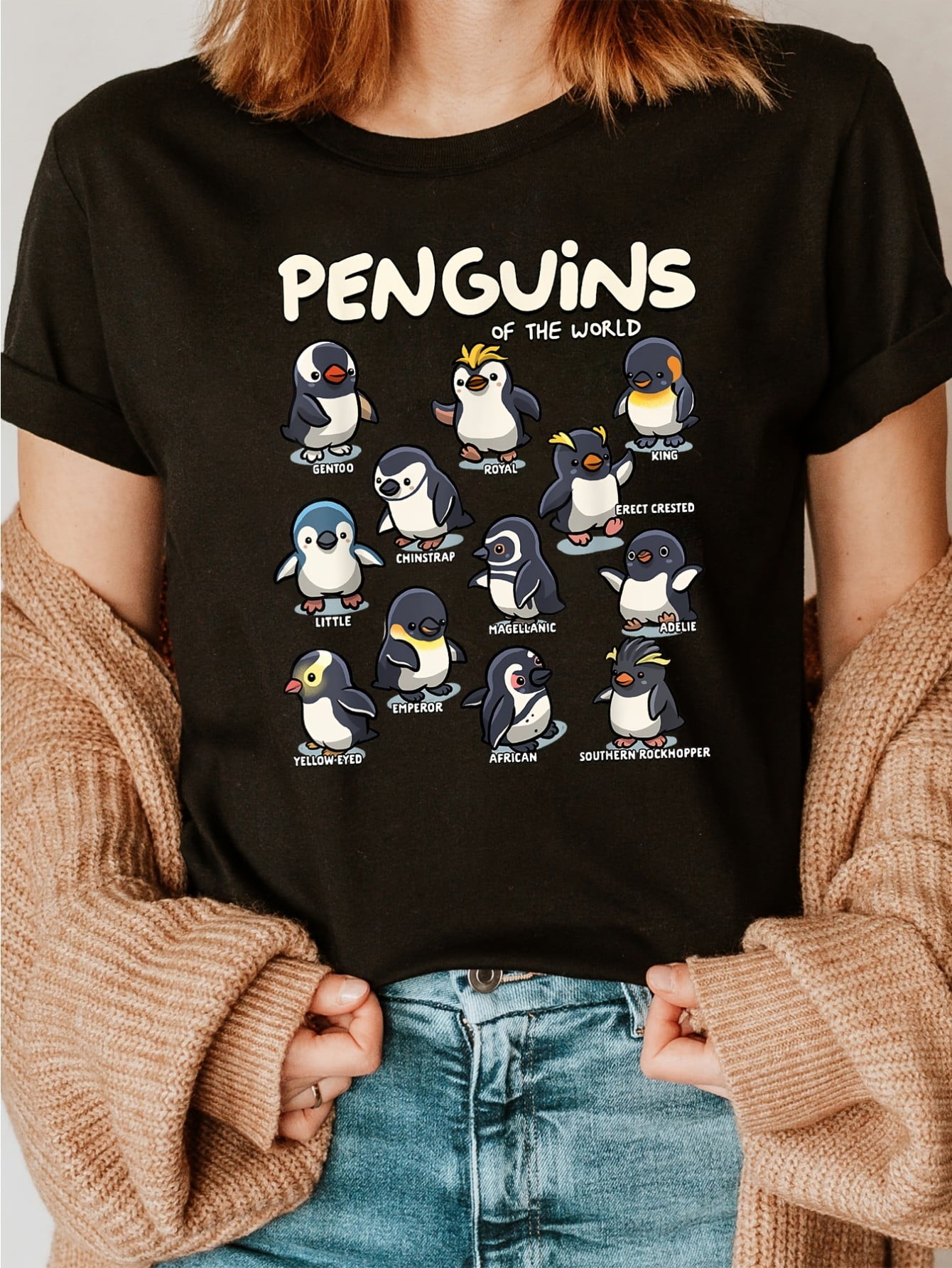 1pc Women'S Penguins Print T-Shirt - 100% Crew Neck Casual Top with ...