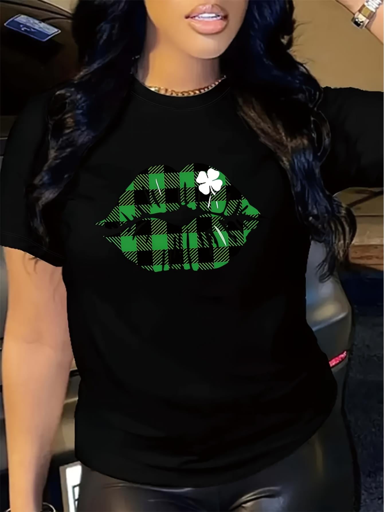 1pc Women'S Polyester Crew Neck T-Shirt with Saint Patrick'S Lip &amp; Clover Print, Casual Short ...
