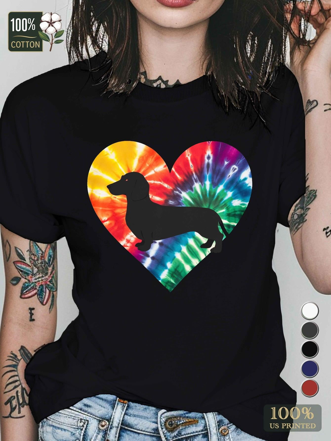 1pc Women'S Tie-Dye Heart Dachshund Print T-Shirt, 100% Cotton Crew Neck Casual Tee, Comfort Fit ...