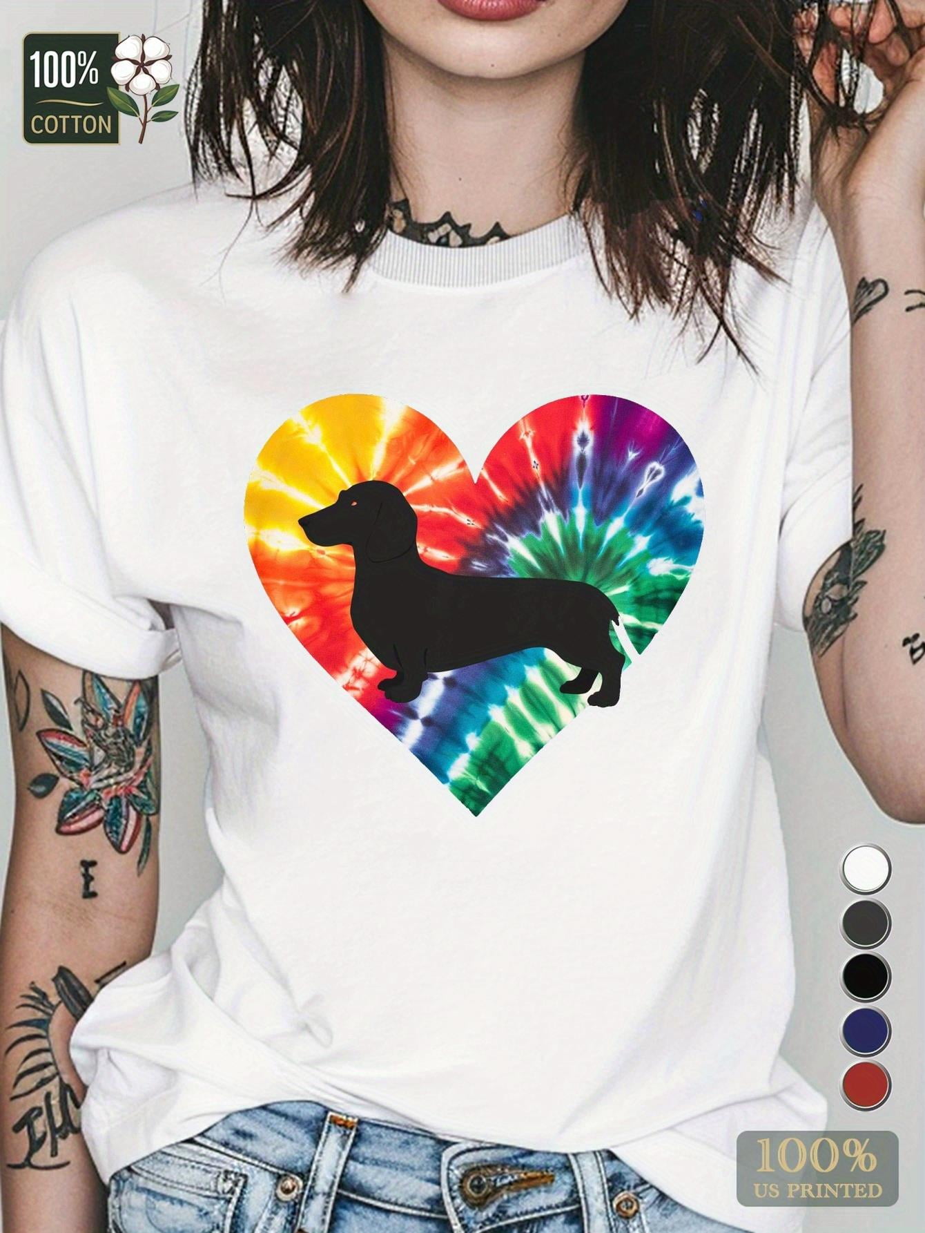 1pc Women'S Tie-Dye Heart Dachshund Print T-Shirt, 100% Cotton Crew Neck Casual Tee, Comfort Fit ...