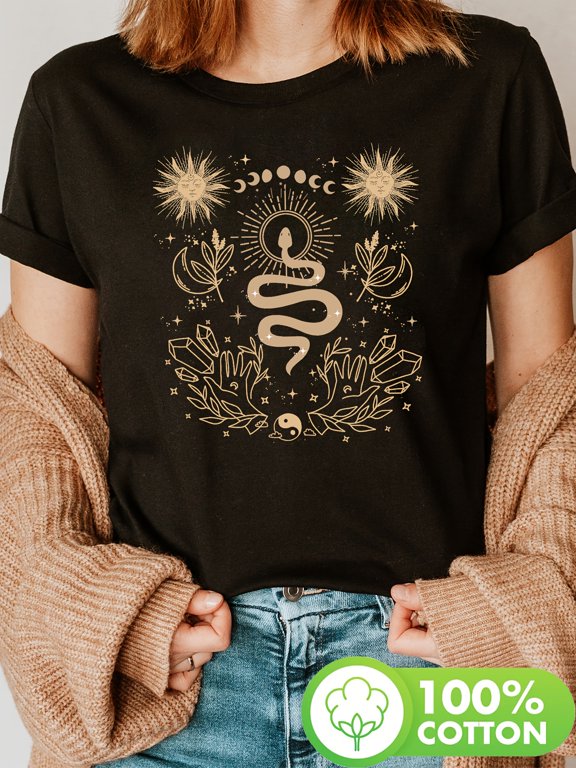 1pc Women'S Witch Aesthetic Cotton T-Shirt with Celestial Print, Casual Crew Neck Short Sleeve Top for All Seasons