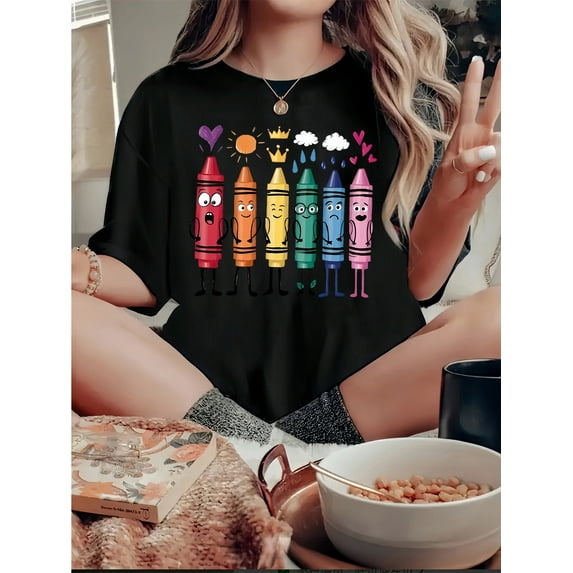 1pc Women's Casual Crew Neck T-Shirt with Colorful Crayon Print, Geometric Pattern, Cotton Knit Fabric, Medium Stretch, All-Season Fashion Top, Casual Sporty Tee, Summer Gifts