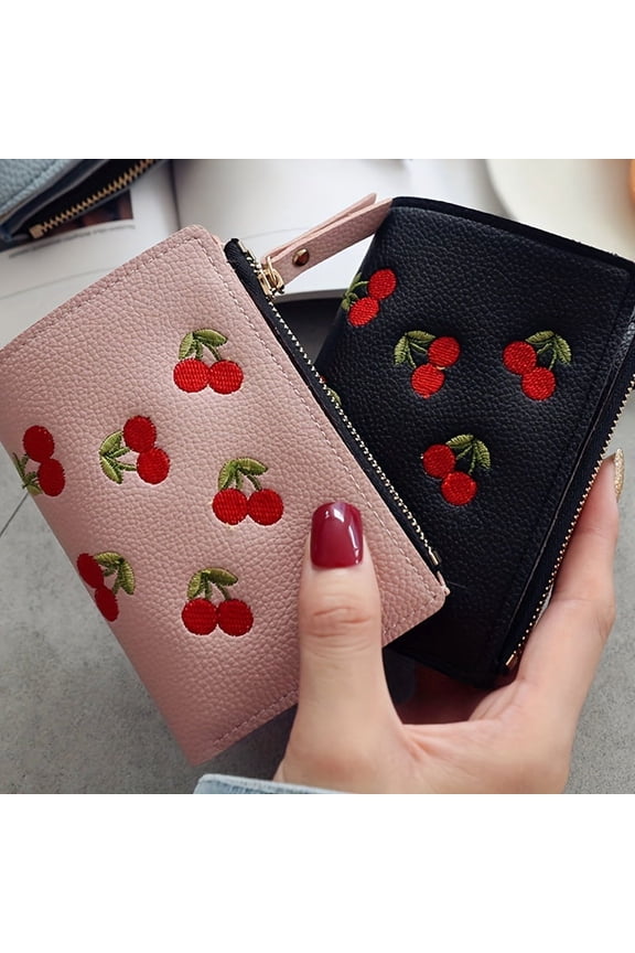 New 1pc Women's Cherry Embroidery Wallet Casual Slim Zipper