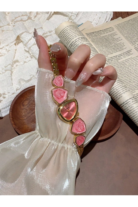 1pc Women's Gold Alloy Asymmetrical Bracelet Watch Fashion Arabic Numeral Dial Quartz Movement Adjustable Strap For Daily Decoration Best Valentine's Day Gift