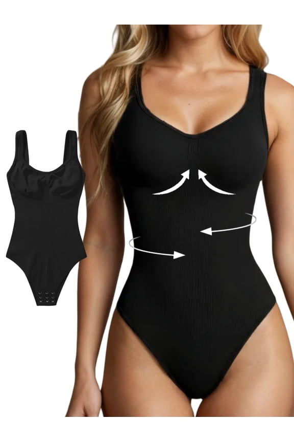 1pc Women's Ribbed Tummy Control Bodysuit - Seamless Sleeveless Shaping Camisole with Soft Stretch Fabric, Elegant Black for Casual Attire & Special Occasions, Body Shaping, Adjustable Fit