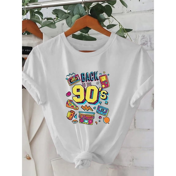 1pc Women's Summer Short-Sleeve T-Shirt - 2D Geometric Graphic Vintage 90s Trend Print, Full of Nostalgic Elements. Trendy Street Style | Youthful Design | Comfortable Fit, Cute Apparel