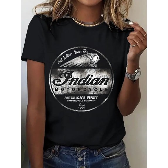 1pc, Women's Vintage Indian Motorcycle Logo T-Shirt, Casual Round Neck Short Sleeve Tee, 100%, Black, Graphic Print, All-Season Wear, Perfect for Outdoor Sports & Holiday Gifts