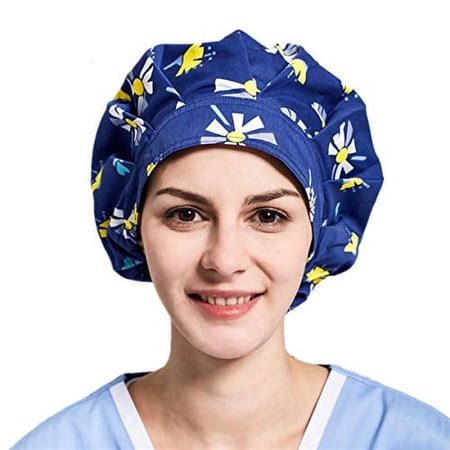 1pc Womens Bouffant Scrub Cap for Long Hair Ladies, Navy Dandelion, Free size