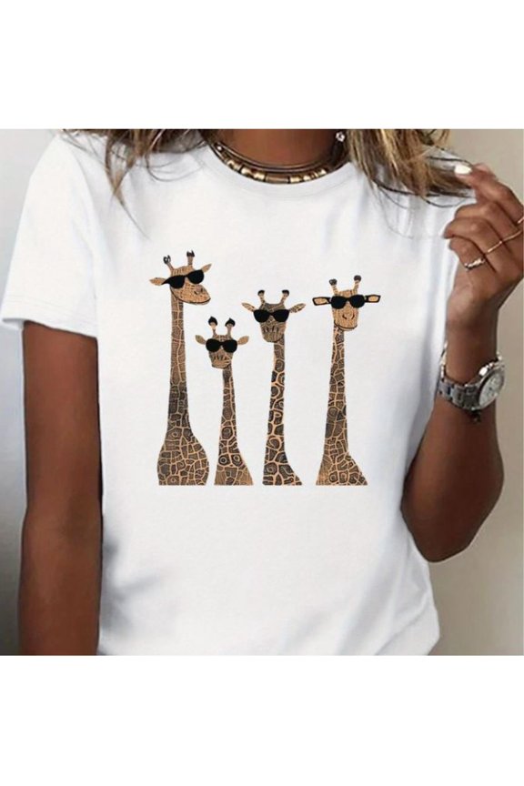 1pc, Womens Casual Short Sleeved T-Shirt, Cute Giraffe Print, All Season Casual Round Neck Top, Short Sleeved Casual Top, Suitable for All Seasons - Womens Fashionable Daily Clothing