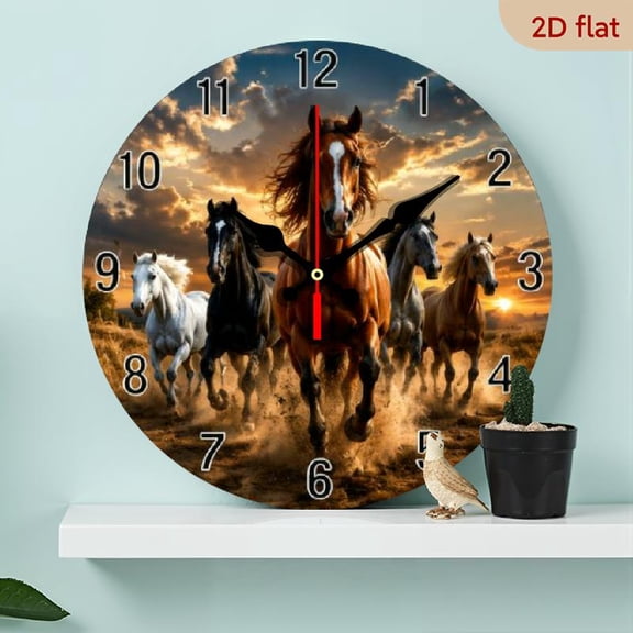 1pc Wood Wall Clock with Galloping Horses Design 10 Inch Round Printed Battery Operated (AA Not Included) - Modern Home Decor for Living Room, Bedroom, Office, Classic Roman Numerals, Vibrant Im