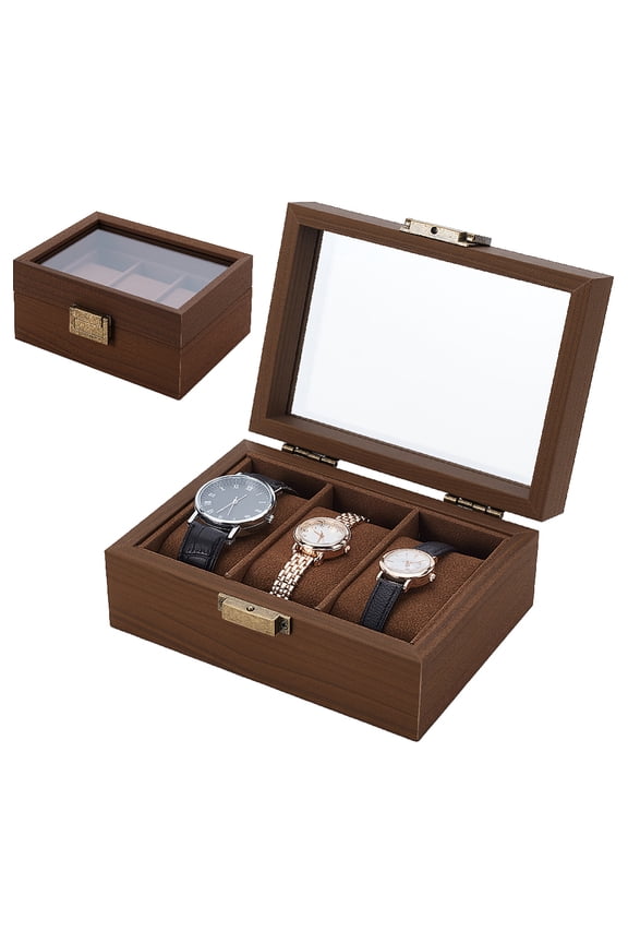 1pc Wood Watch Package boxes Wristwatch Storage Gift Case with Visible Window and Brass Finding Rectangle Sienna 16.5x12x7.5cm
