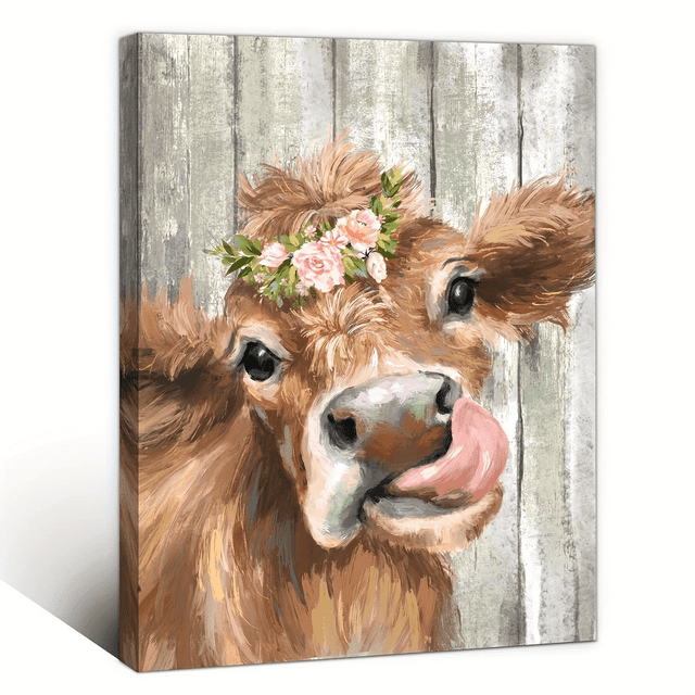 1pc Wooden Framed Bathroom Cow Pictures Wall Decor Country Theme Canvas