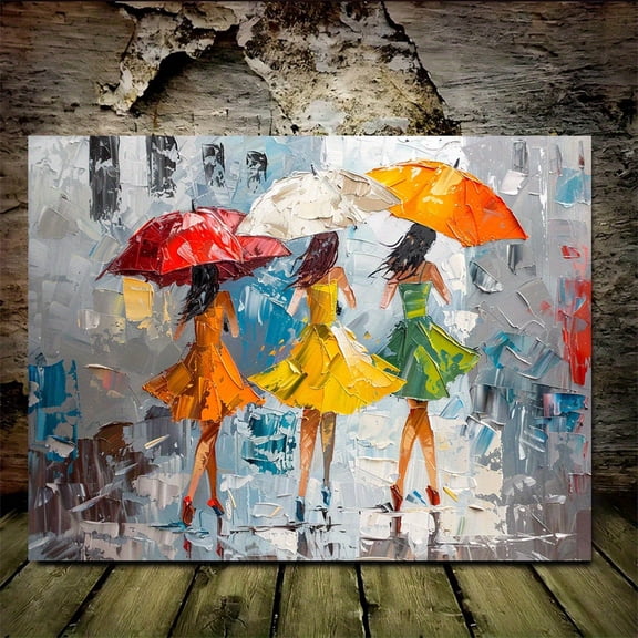 1pc Wooden Framed Canvas Painting - 3 Girls Dancing in Rain with Colorful Umbrellas, Impressionist Abstract Street Art,