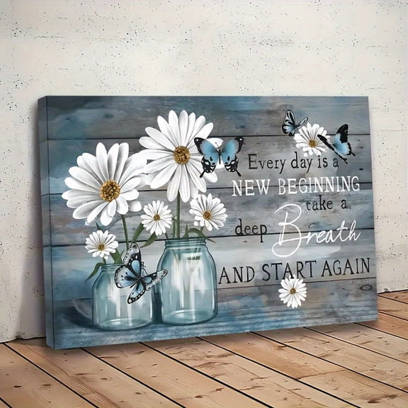 1pc Wooden Framed Canvas Painting Daisy Flowers Blue Rustic Butterfly Floral Wall Art Prints Vibrant Daisy Butterfly Art Print For Home Decoration, Living Room&Bedroom
