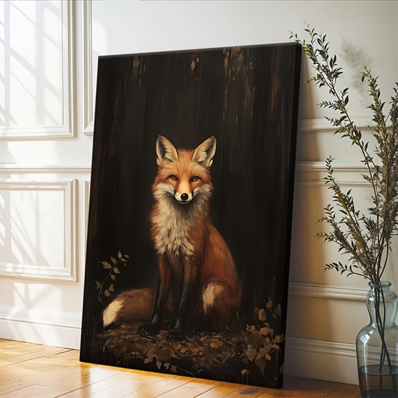 1pc Wooden Framed Canvas Rustic Retro Dark College Style, Fox Oil Painting, Mural, Realistic Gothic Woodland Animal Poster, Cute And Innocent Fox Oil Painting,