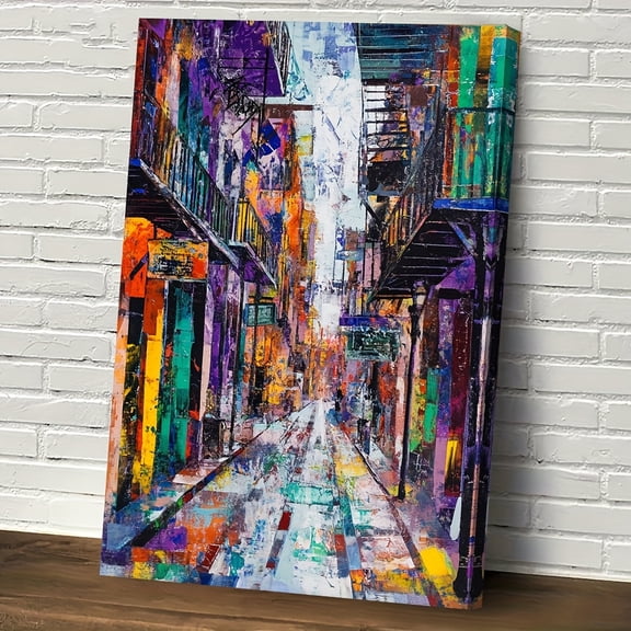 1pc Wooden Framed Canvas Wall Art Ready to Hang - Abstract NOLA Bourbon Street Painting Vibrant New Orleans Street Scene with Colorful Balconies & Rustic Charm