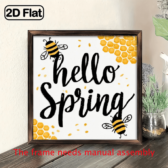 1pc Wooden Hello Spring Sign - Watercolor Bees Honeycomb Wall Art with Cursive Lettering, Framed Vertical Spring-Themed Decor for Bedroom, Office, Cafe - Rustic Farmhouse Housewarming Gift, S