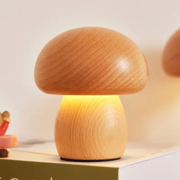 1pc Wooden Mushroom LED Table Lamp - Dimmable Night Light for Bedroom & Bedside, Rustic Decor, Adjustable Ambiance, Unique Warm Gift Idea for Home