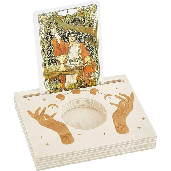 1pc Wooden Tarot Card Stand Carved Candle Holder Moon and Hand of Hope Pattern 10x8x1.5cm Rectangle Shaped Altar Display Stand Holder for Witch Divination Tools Tarot Decor Wiccan Supplies