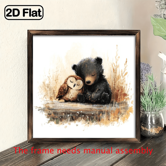 1pc Wooden Wall Sign Bear and Owl Tranquil Winter Scene, Watercolor Realistic Style Wall Art 8*8 in Prints Print Painting for Living Room, Bedroom, Office, Bathroom, Dorm Home Decor