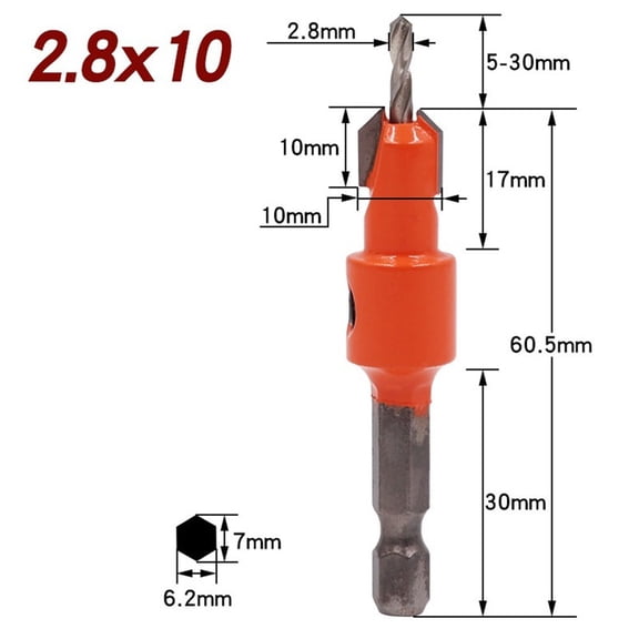 1pc Woodworking Hex Shank Countersink Drill Bit Salad Drill Step Drill Bit 2.8×10