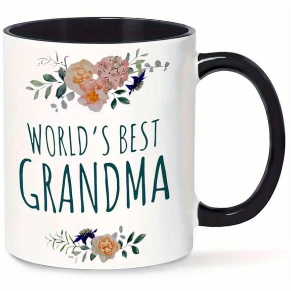 1pc World S Best Grandma Floral Ceramic Mug 11oz White Coffee Cup with Black Handle Rim Hand Wash Only Reusable Multipurpose Grandmothers Grandmother Idea Floral Coffee Cup Ceramic Mug Grandma Gifts
