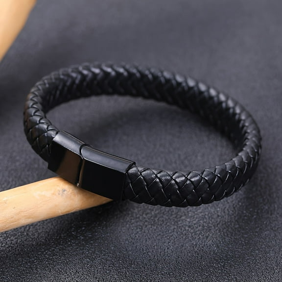 1pc Woven Faux Leather Rope Wrap Bracelet for Men, Classic Bracelet Punk Wristband Faux Leather Bracelet, Men's Versatile Bangle,Black Black